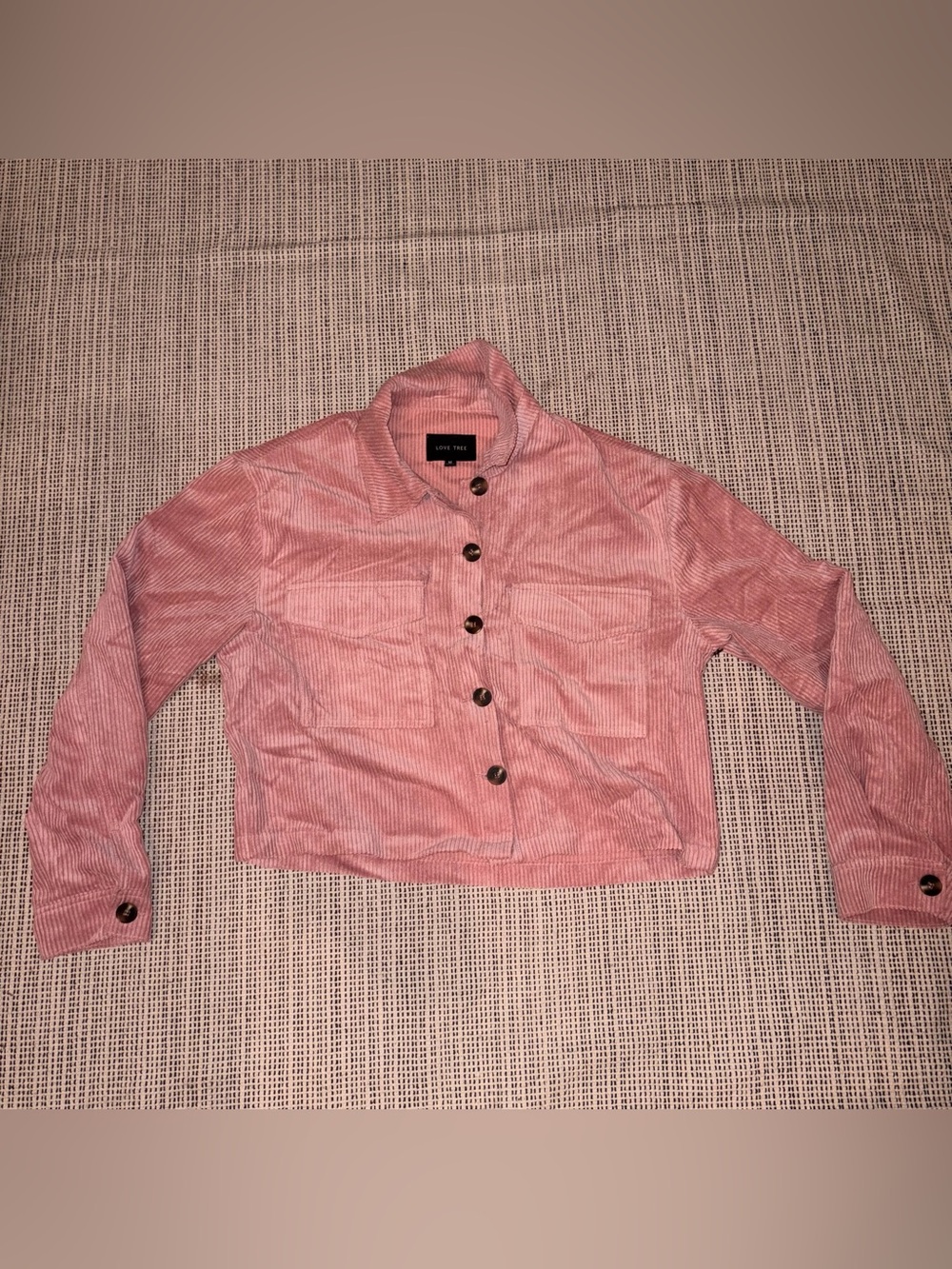 LOVE TREE Women's Semi Cropped Corduroy Button Up Shacket Size M In Pinkstone